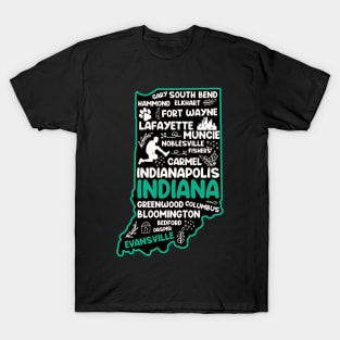 Evansville Indiana cute map Indianapolis, Fort Wayne, Evansville, Carmel, South Bend, Fishers, Bloomington, Hammond, Gary, Lafayette T-Shirt